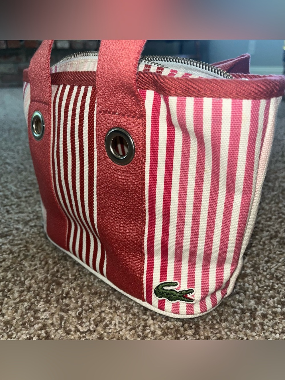 NWOT Lacoste Pink, Red, & Cream Striped Mini Canvas Tote Bag